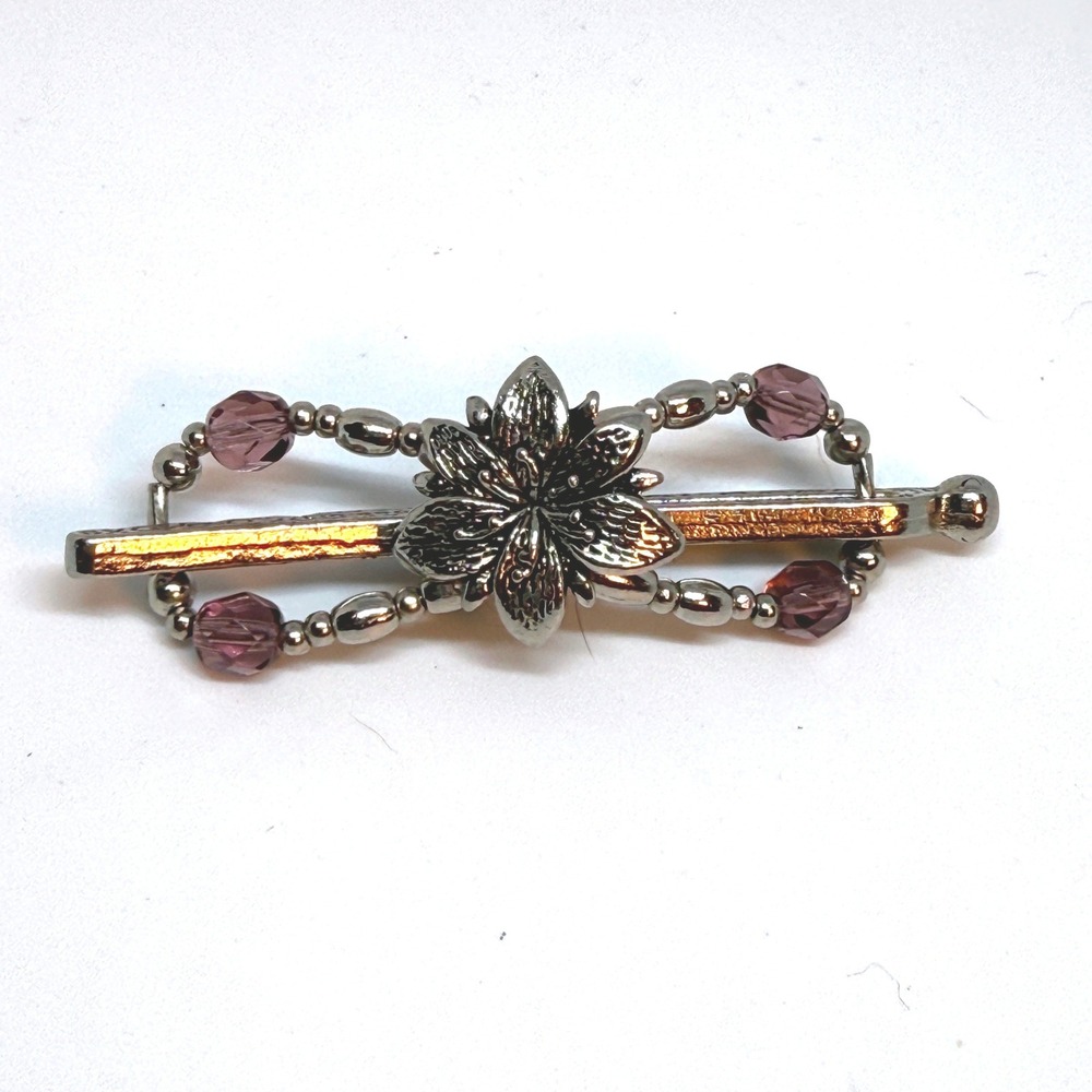 Lilla Rose XS Flexi Hair Clip Silver Tone Purple Beaded Flower Motif Pat